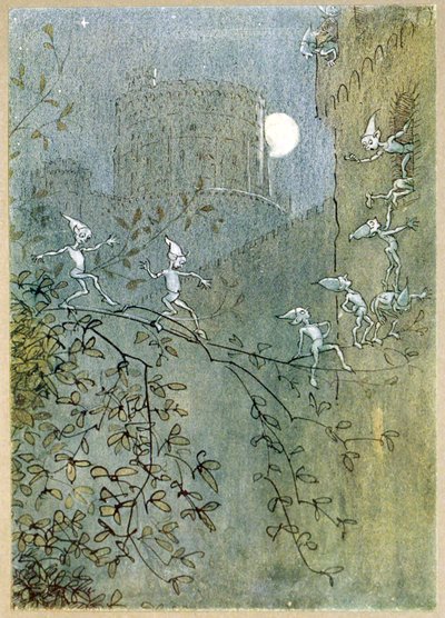 Keresés a Windsori kastélyban, elfek, kívül és belül, a The Merry Wives of Windsor, kocsma. 1910 alkotó: Hugh Thomson